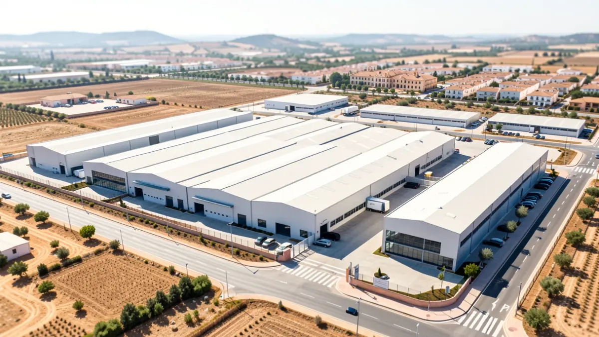 Aerial view of an Andalusian industrial park with modern warehouses and access roads.