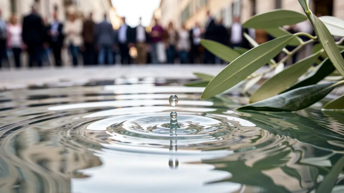 Water droplet falling into a pool with an olive leaf.