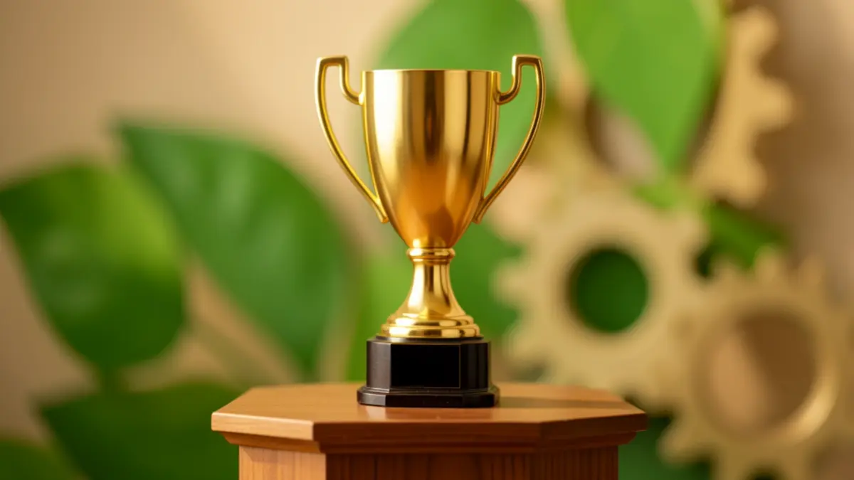 Primer plano de un trofeo dorado sobre un podio de madera, con formas abstractas borrosas de hojas verdes y engranajes al fondo, simbolizando innovación y sostenibilidad. Iluminación cálida y suave.