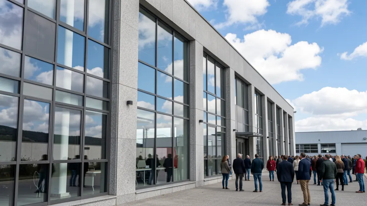 Imaxe xenérica dun edificio industrial moderno de granito en Galicia.