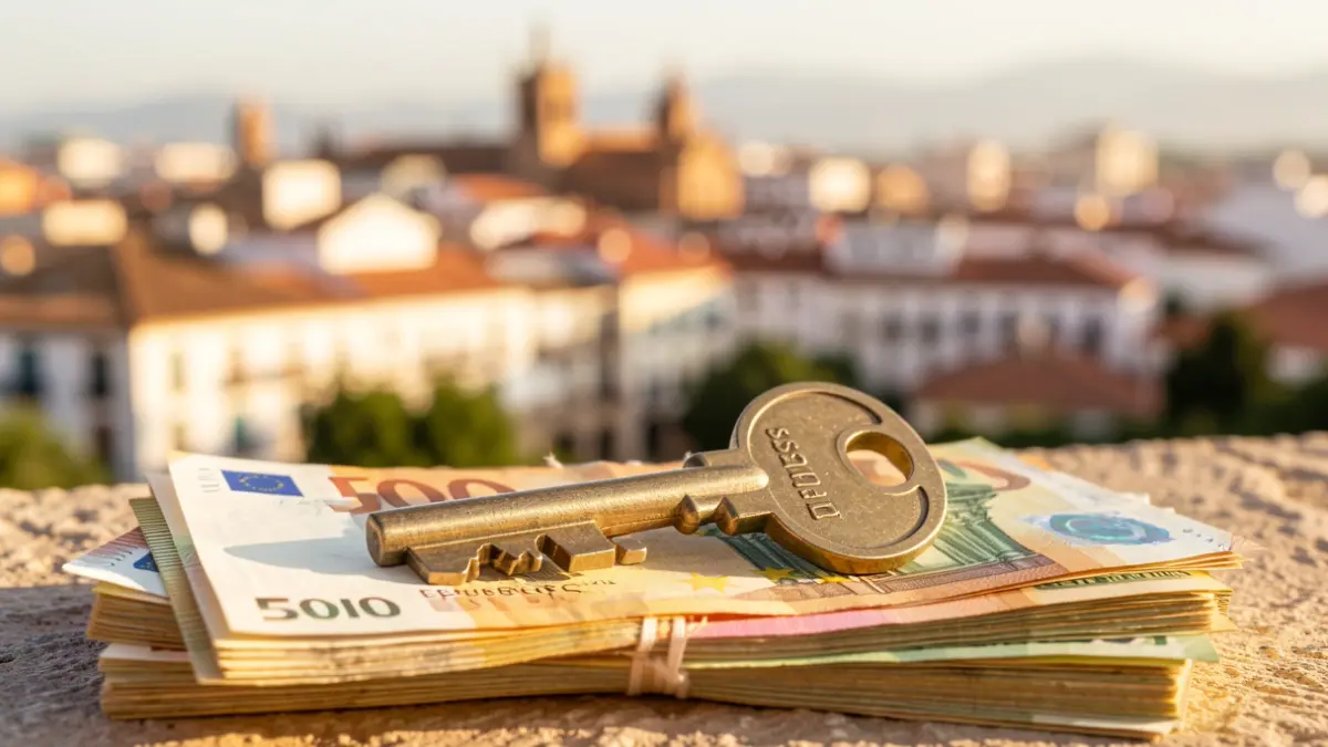 House key on Euro banknotes with an Andalusian cityscape in the background.