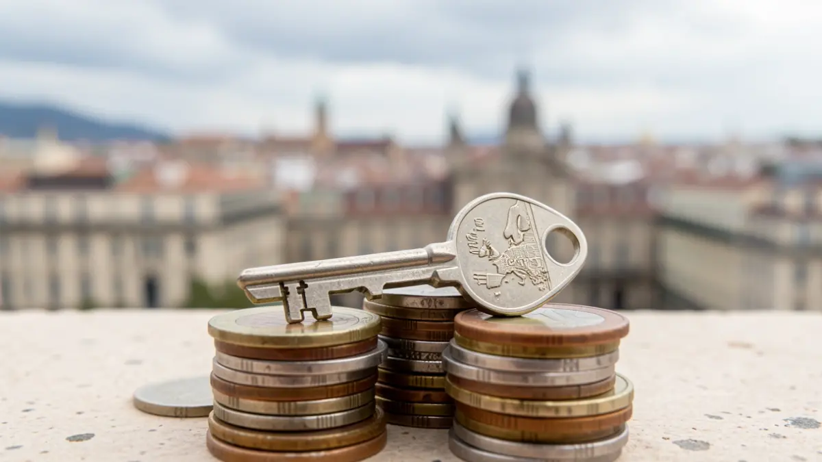 Spanish house key on euro coins with the Madrid skyline in the background.