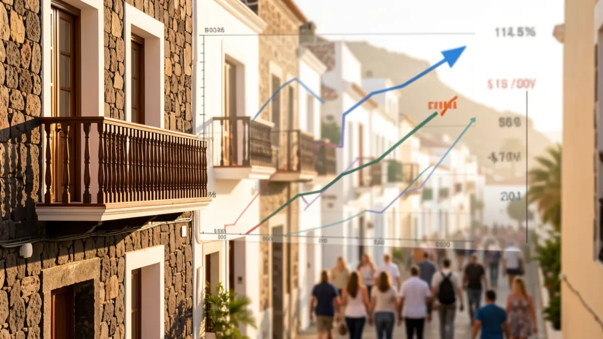 Imagen genérica de elementos arquitectónicos canarios con alusiones a datos económicos.