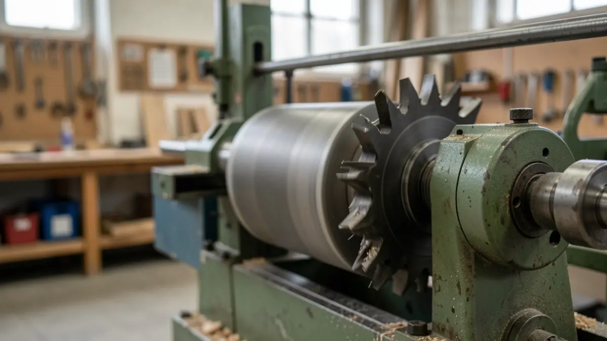 Primer plano de una máquina molduradora industrial con un rodillo con cuchillas.