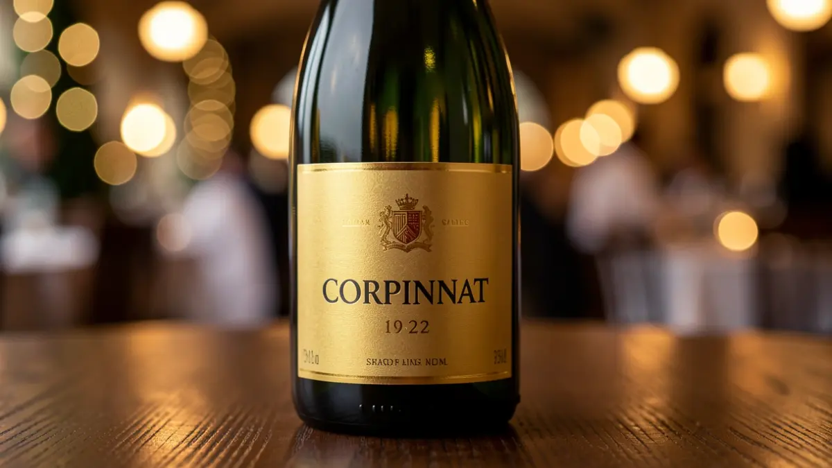 Botella de Corpinnat con etiqueta dorada sobre mesa de madera, con luces festivas al fondo.