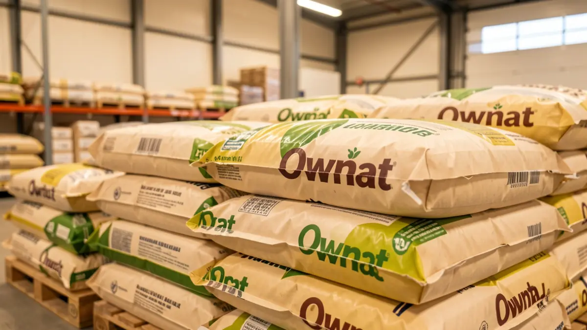 Generic image of 'Ownat' brand animal feed bags in a warehouse.