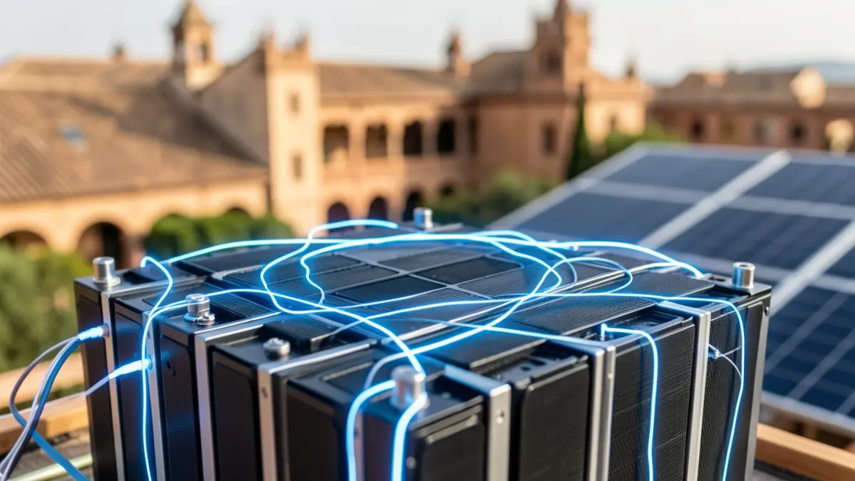 Image of a hydrogen fuel cell stack with glowing blue energy lines, against a background of Andalusian architecture and solar panels.