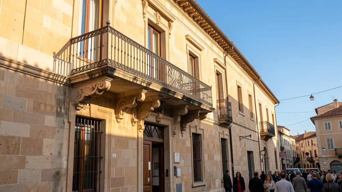 Generic image of a Mediterranean town hall facade with a balcony and iron railings, afternoon light.