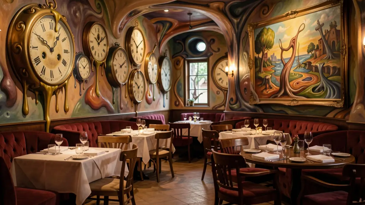 Imagen genérica del interior de un restaurante inspirado en Dalí con elementos surrealistas.