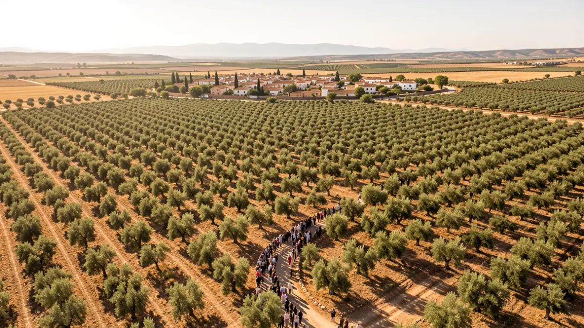 Vista aérea de extensos olivares andaluces bajo un sol brillante, con un pequeño pueblo rural al fondo.