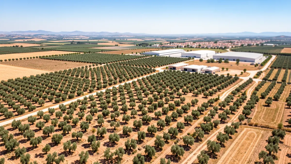 Vista aérea de extensos olivares y campos agrícolas en Andalucía bajo un sol brillante, con instalaciones agroalimentarias modernas y un pueblo a lo lejos.