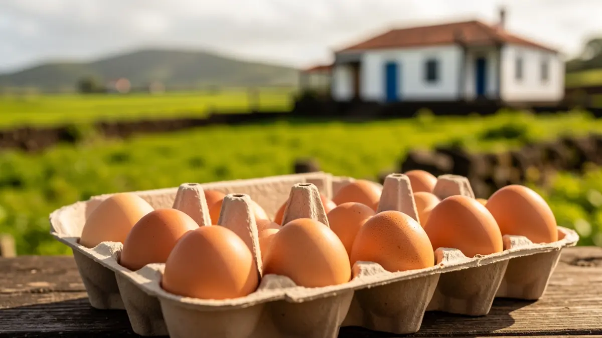 Carton of local free-range eggs with a field background.
