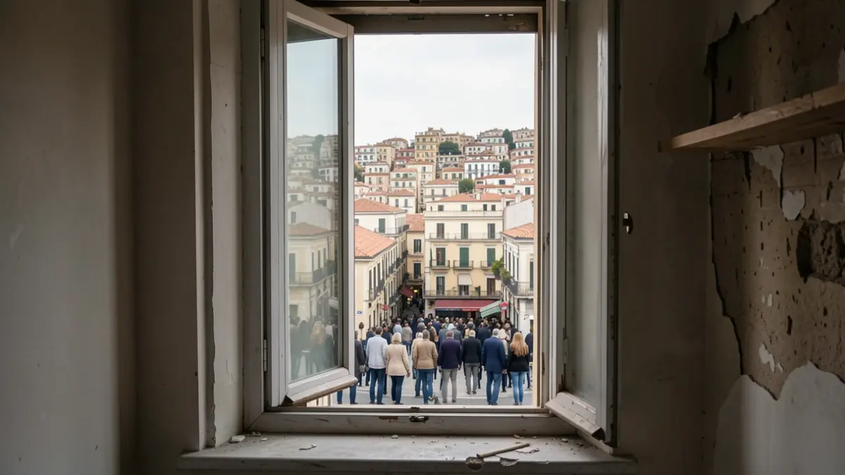 Window of an empty apartment overlooking a dense urban skyline, soft lighting.