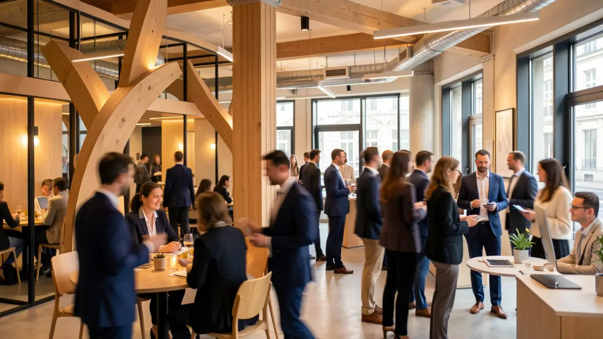 Generic image of a business incubator interior with people interacting.