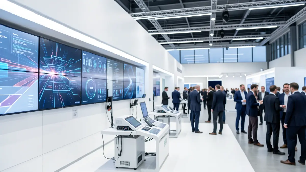 Imagen genérica de un evento tecnológico con pantallas digitales y gente.