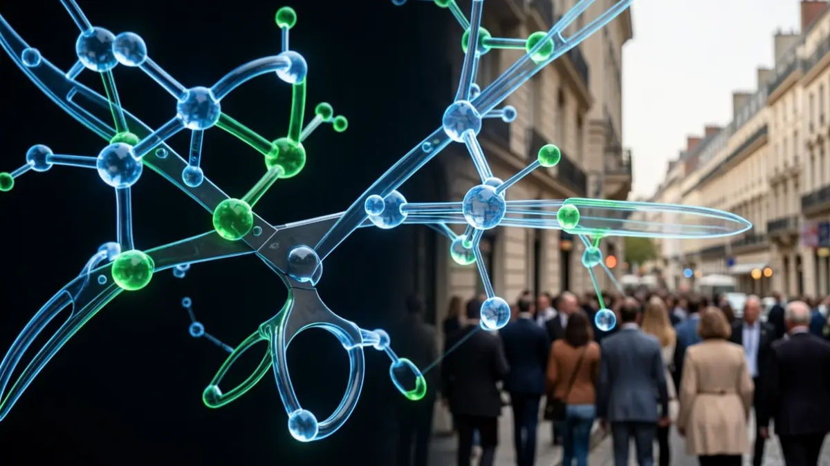 Abstract image of molecular structures shaped like scissors, representing gene-editing technology.