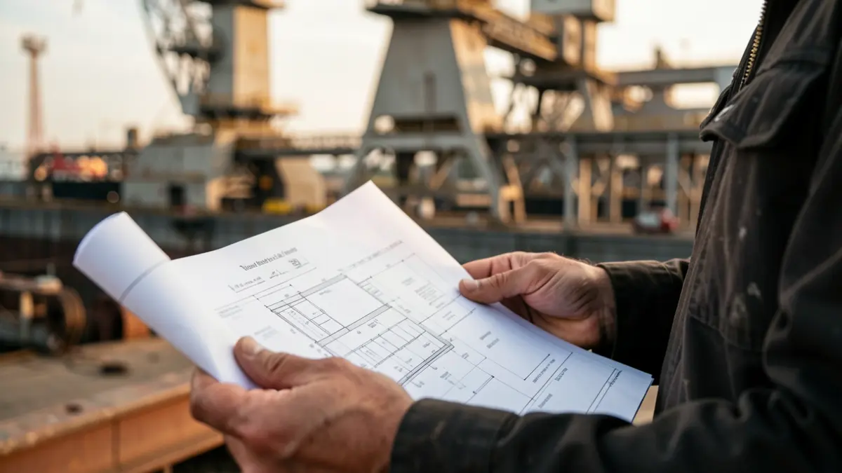 Primer plano de un plano industrial de Navantia en las manos de un trabajador.