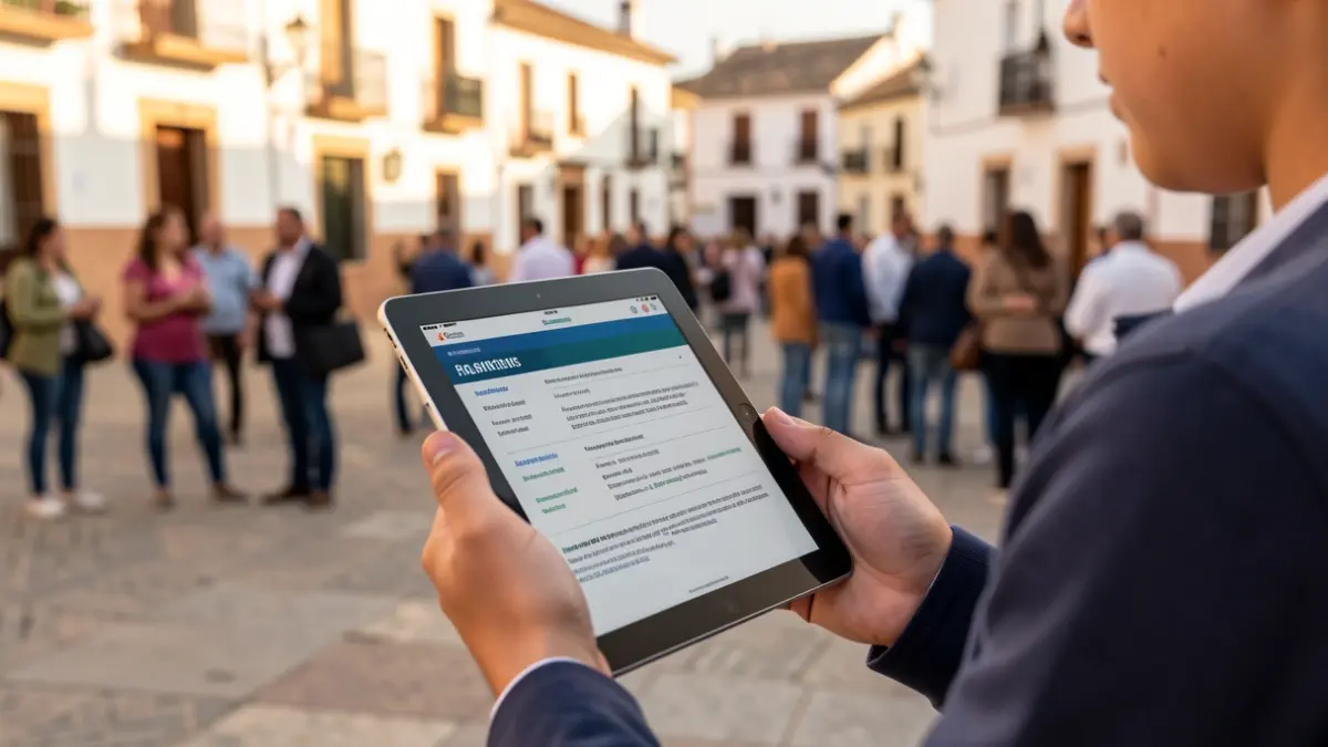 Close-up of young hands holding a tablet with a business plan, with the background of an Andalusian town square.