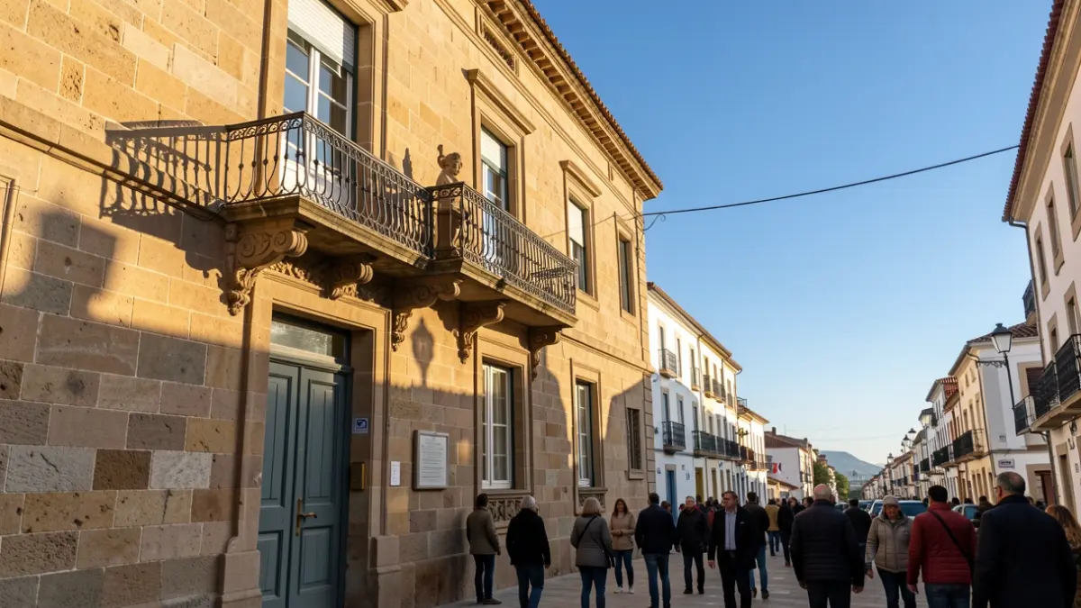 Fachada de piedra de un ayuntamiento canario con balcón ornamentado y barandillas de hierro, luz cálida de la tarde proyectando sombras sobre los muros de arenisca, cielo azul.