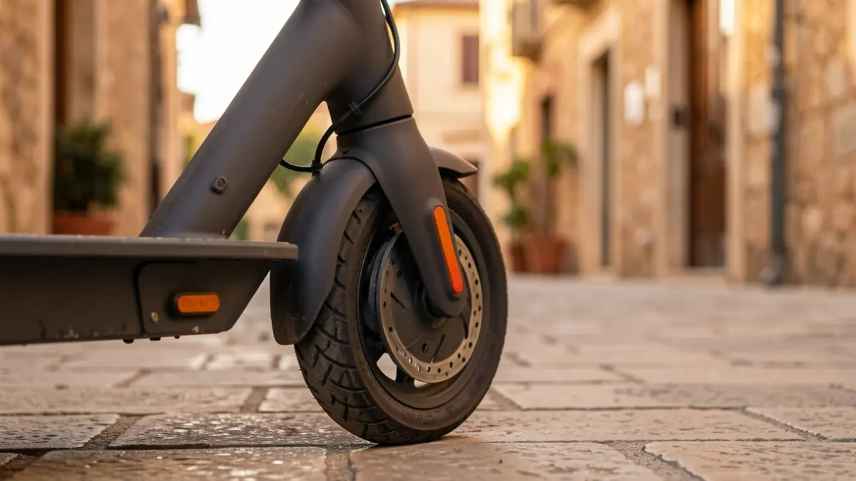 Rueda de un patinete eléctrico aparcado en una acera de piedra con luz de atardecer.