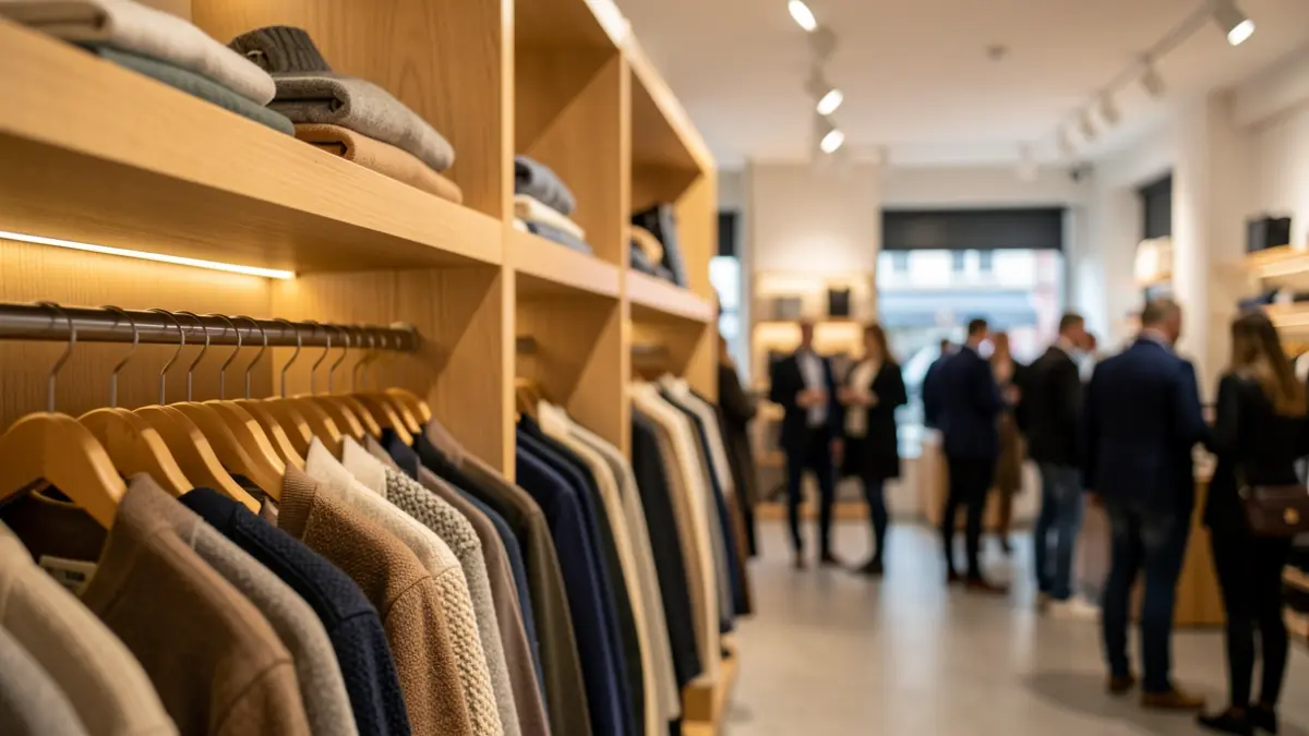 Generic image of a fashion retail store with shelves and hangers.