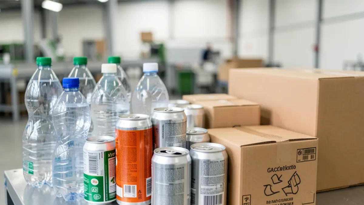 Generic image of recyclable materials such as plastic bottles, metal cans, and cardboard boxes.