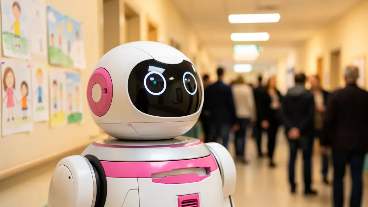 Imagen genérica: un robot, similar a R2-KT, en un pasillo de hospital desenfocado.