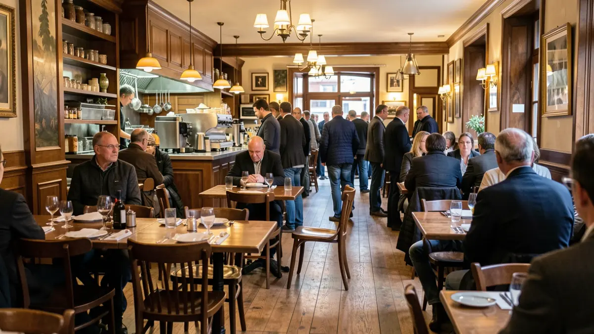 Interior de un restaurante alemán tradicional en Bilbao, con mesas y sillas de madera, equipamiento de cocina visible al fondo, iluminación ambiental cálida, estilo fotografía documental.