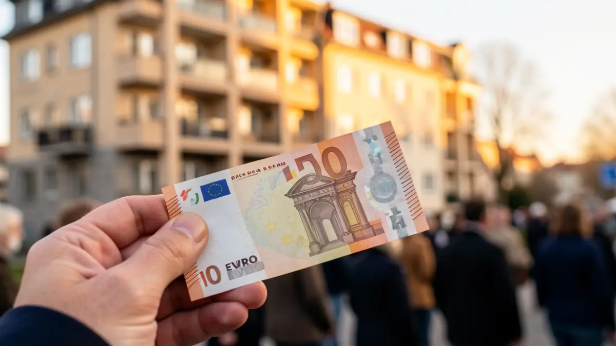 Euro banknotes and a blurred apartment building.
