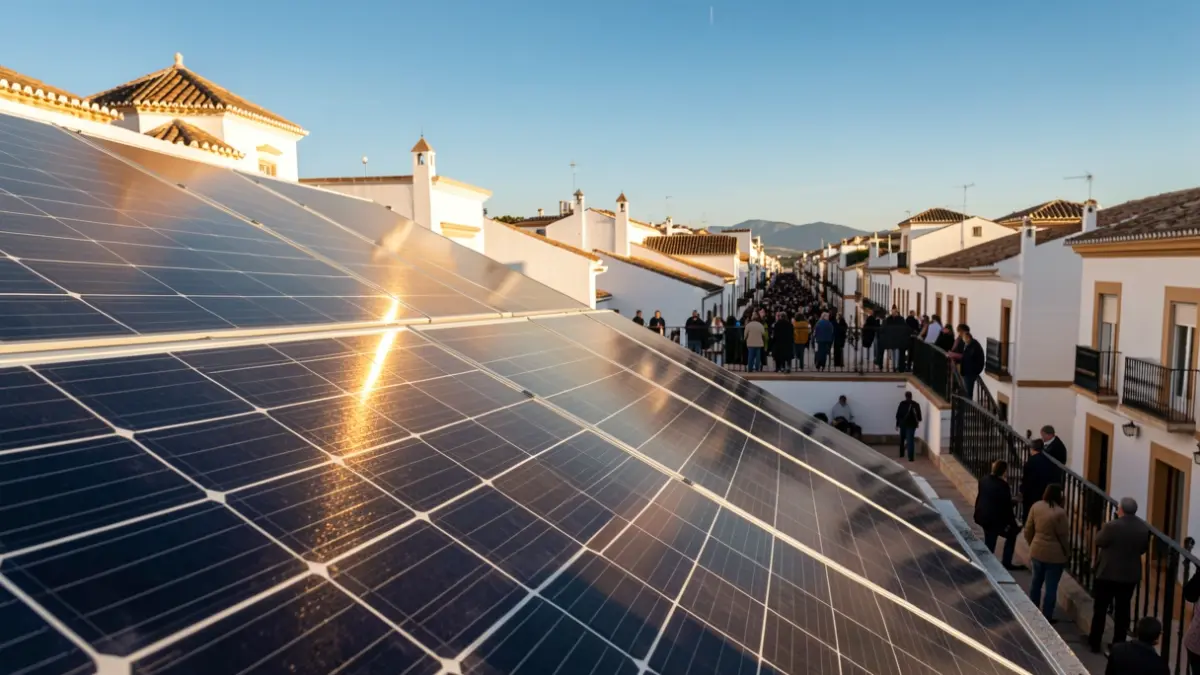 Paneles solares en un tejado de Sevilla con arquitectura andaluza.