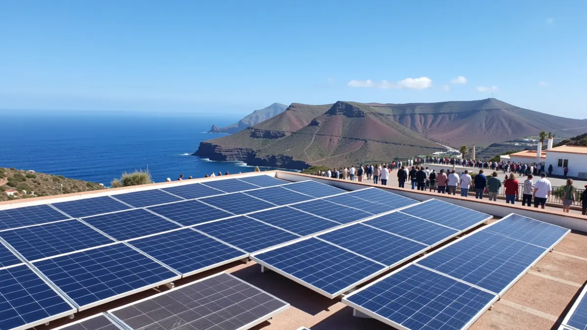 Paneles solares en un tejado de Canarias con vista al mar y paisaje volcánico.