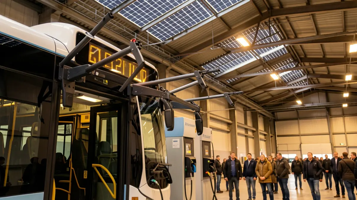 Estación de carga para autobuses eléctricos en las cocheras de la EMT en Madrid.