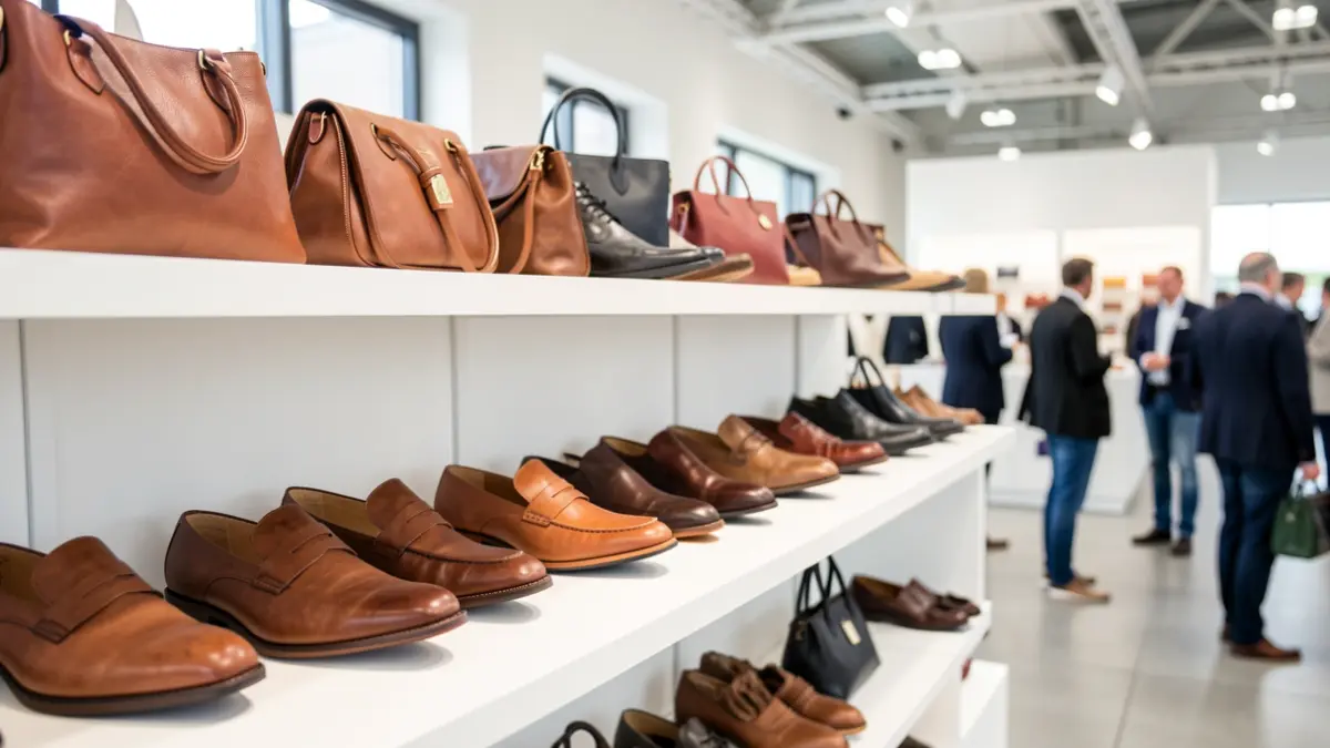 Imagen genérica de zapatos y bolsos de mano expuestos en una feria internacional.