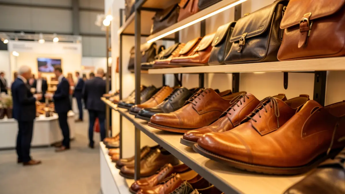 Imagen genérica de zapatos y bolsos expuestos en una feria de calzado.