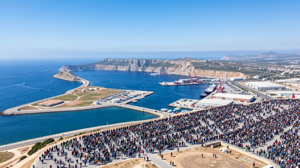 Vista aérea de la comarca del Campo de Gibraltar, destacando el Estrecho, el puerto y zonas industriales.