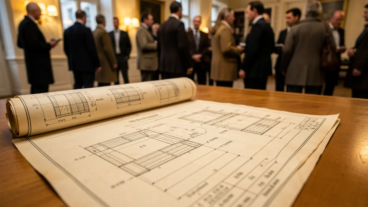 Close-up of an old industrial engineering blueprint with technical drawings and calculations on a wooden desk.