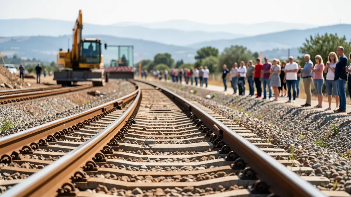 Imagen genérica de vías de tren cambiando de ancho con paisaje mediterráneo al fondo.