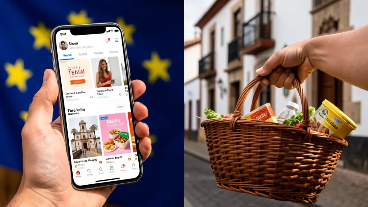 Split image: left, hand with smartphone showing online shopping apps; right, hand with basket of local Canary Islands products.