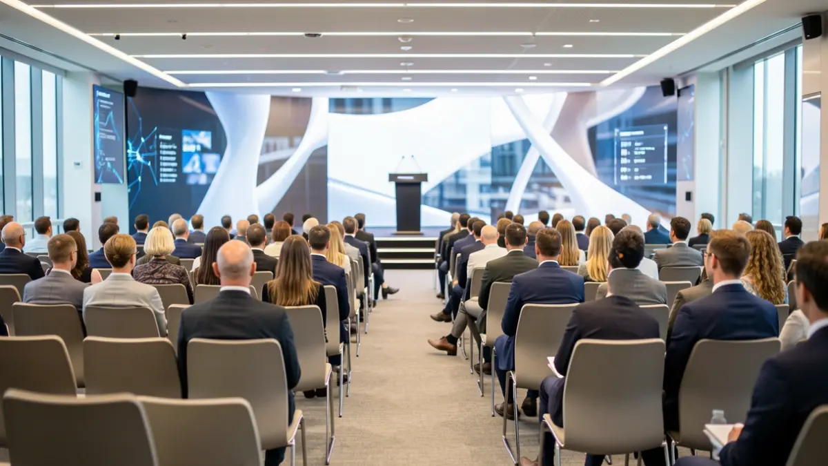 Imagen genérica de un auditorio moderno con micrófonos y sillas vacías, simulando un evento tecnológico.