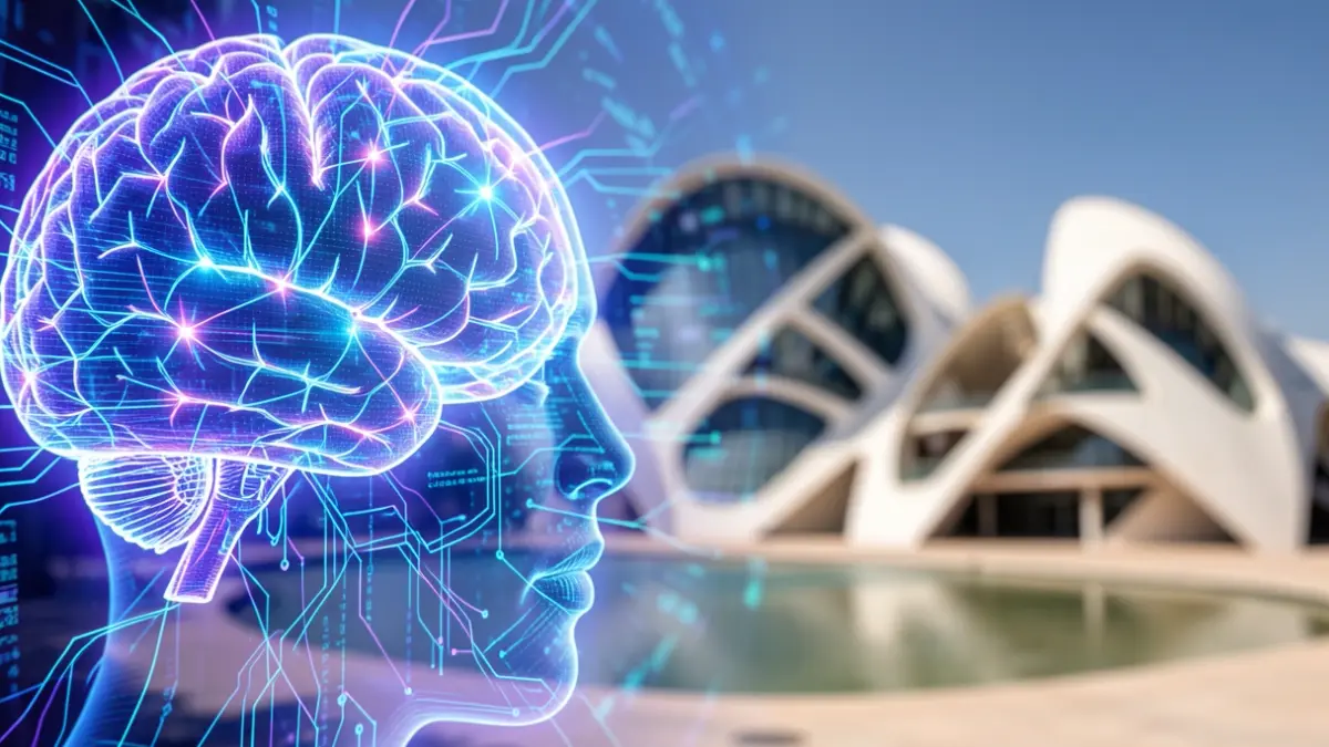 Generic technology image with neural network patterns and the City of Arts and Sciences in Valencia in the background.