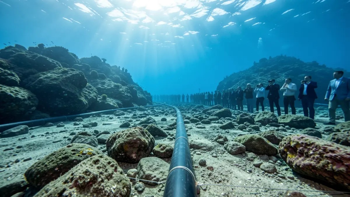 Imagen de un cable eléctrico submarino siendo instalado entre dos islas.