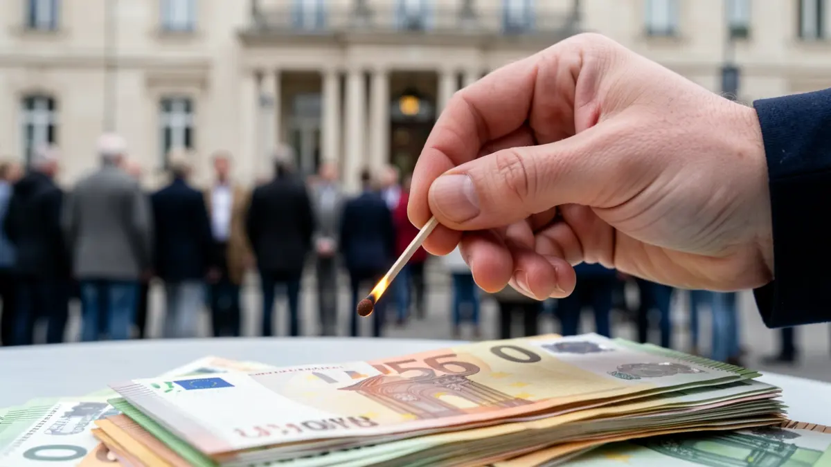 Primer plano de un billete de euro con una cerilla encendida encima, simbolizando medidas económicas.