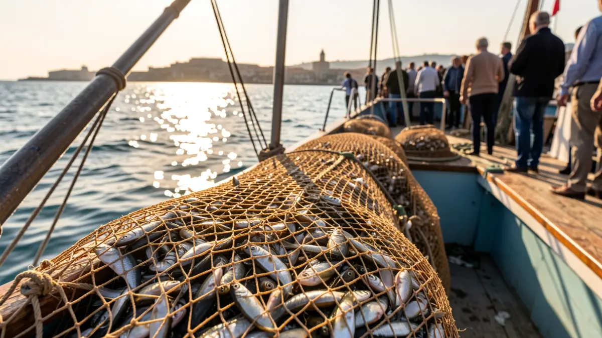 Fishing net with caught fish, with the Mediterranean Sea in the background and sunlight.