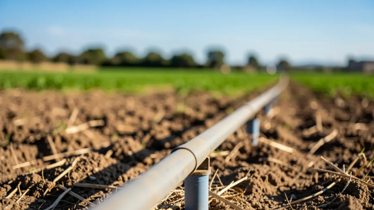 Imagen genérica de tuberías de riego en un campo agrícola.