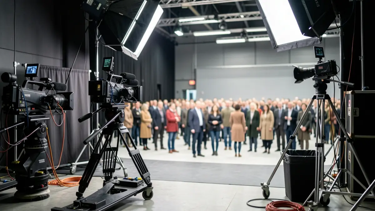 Imagen genérica de un estudio de cine profesional con equipo de iluminación y cámaras.