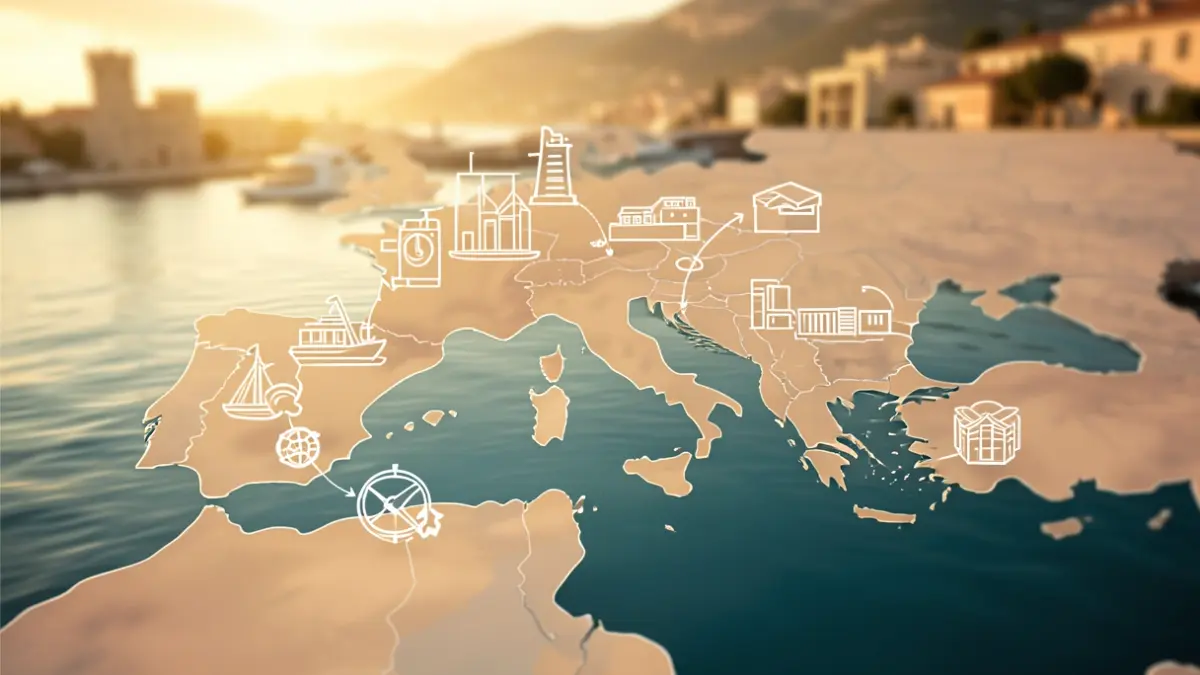 Generic image of the Mediterranean Sea with economic symbols.