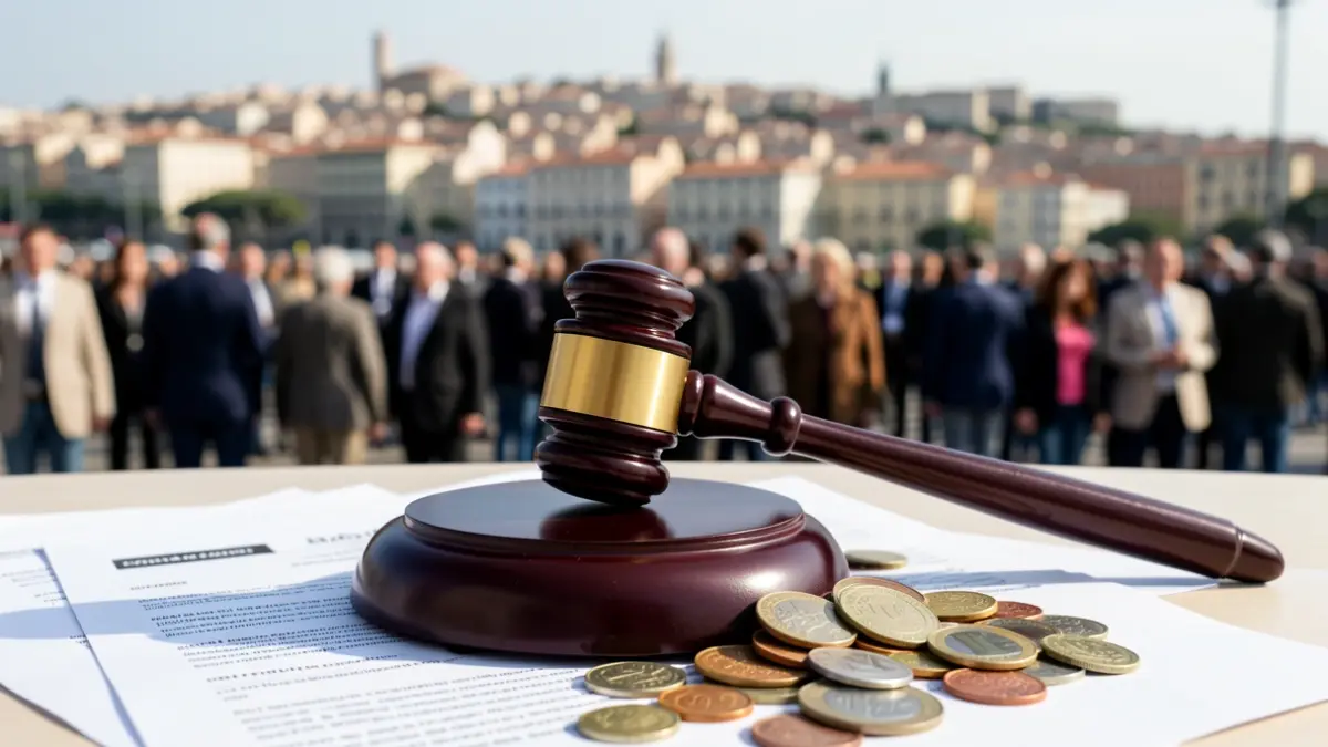 Generic image of a judge's gavel on legal documents and euro coins.