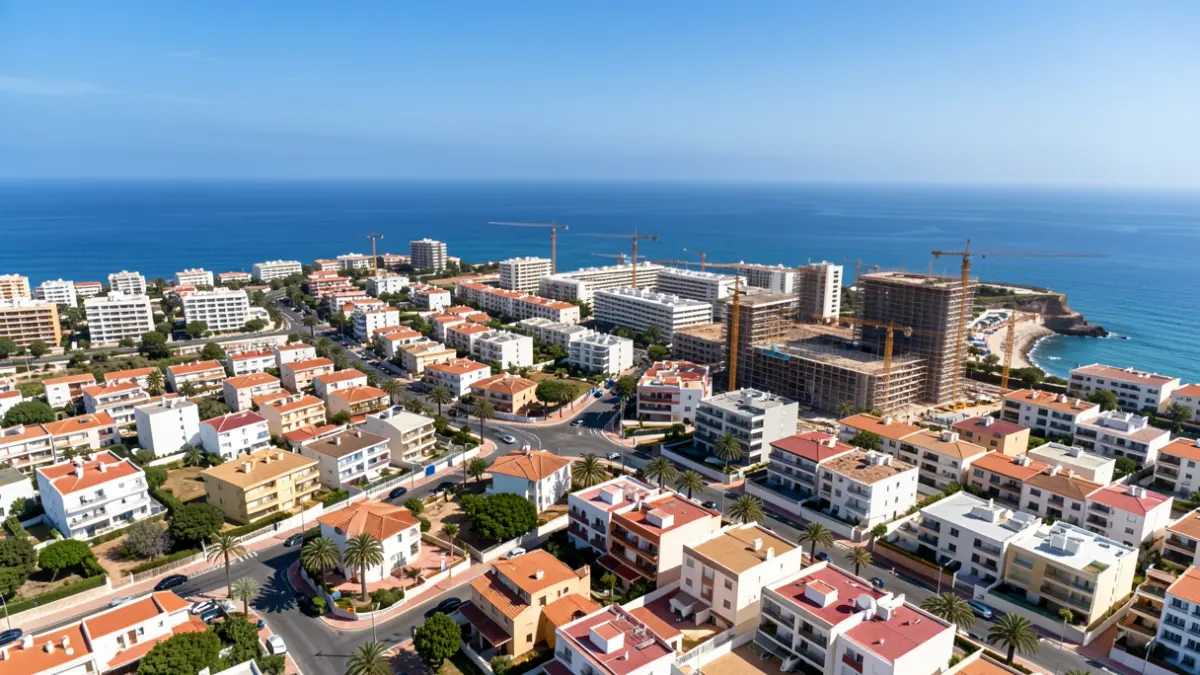 Generic image of a coastal city in the Canary Islands with housing and the sea.