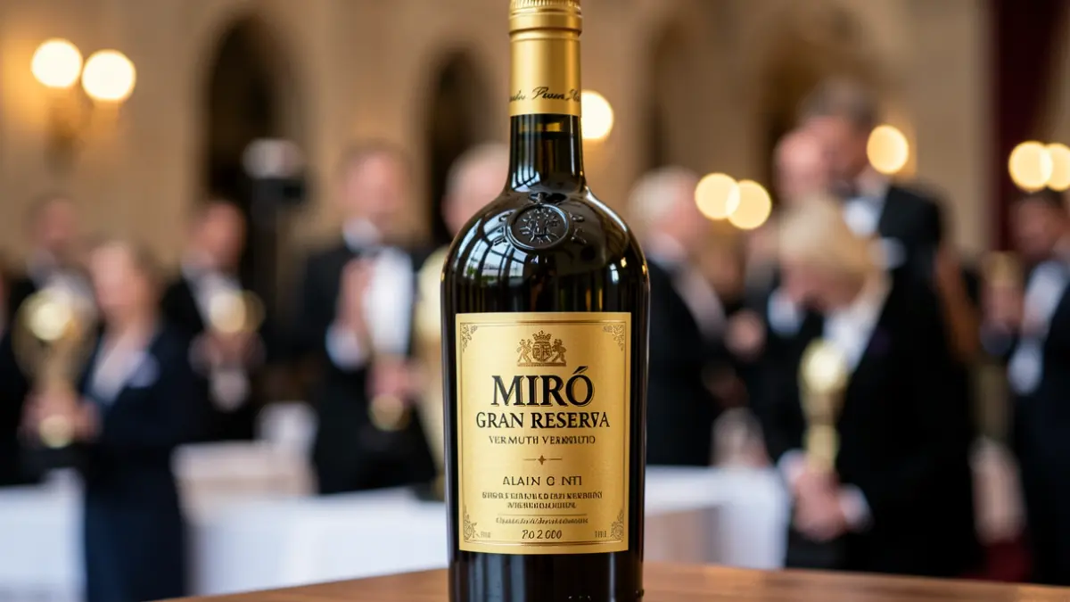 Bottle of Miró Gran Reserva vermouth with a golden label.