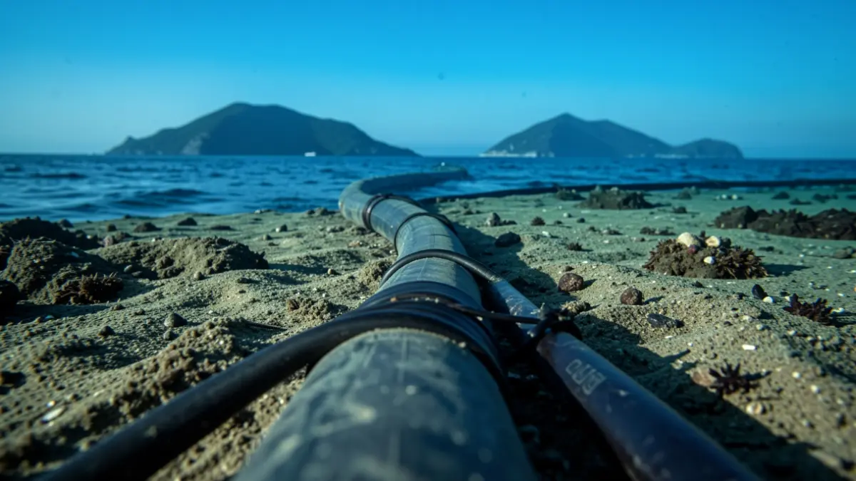 Imagen de un cable submarino siendo instalado en el lecho marino entre dos islas.